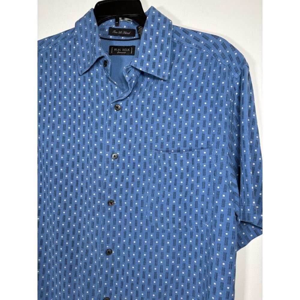 WH Belk Silk Blend Blue Geometric Sportswear Collared Button Up Shirt Size Med - Picture 2 of 7